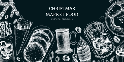 Traditional European Christmas market food background. Fast food menu design on chalkboard. hand-drawn vector illustration. Mulled wine, potato pancakes, French fries, pastries, raclette sketches.